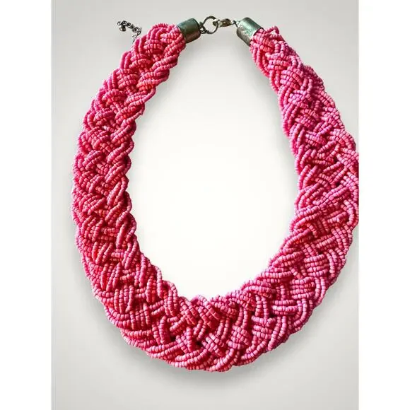 Vintage Salmon Pink Seed Bead Braided Multi Strand Chunky Statement Necklace 18" - Picture 6 of 7